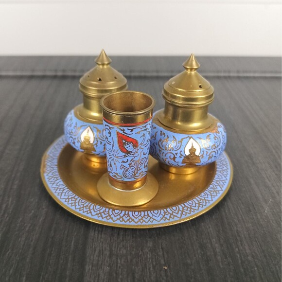 Brass Salt Pepper Shaker Toothpick Holder Tray Etched And Decorated With Enamel - Picture 2 of 10